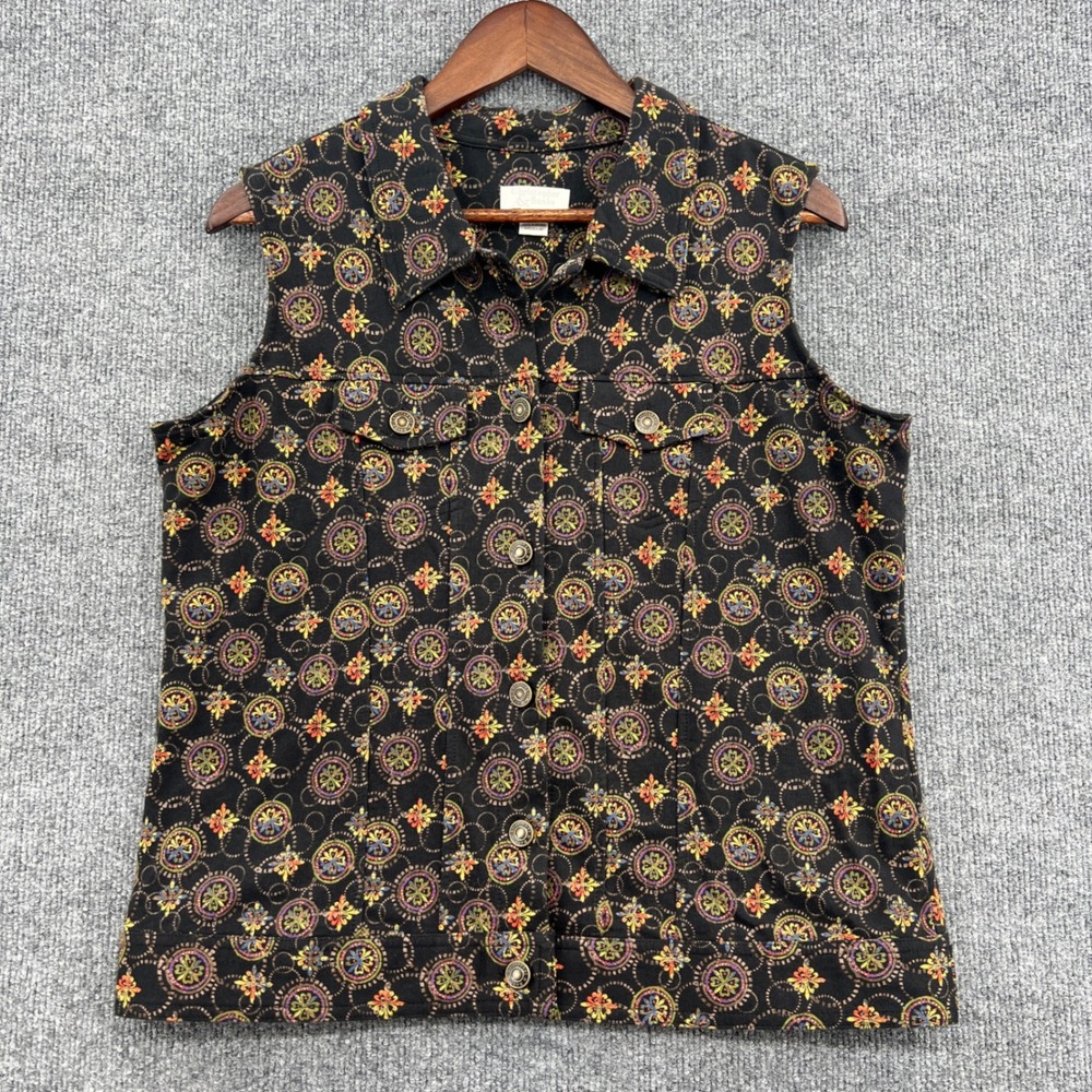 Christopher Banks Button Up Vest Womens M Black Mandala Print Boho Retro Vintage